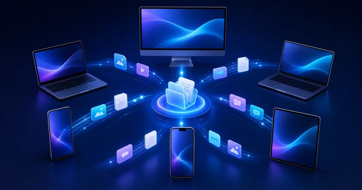 Cross-platform file-sharing apps connecting computers, phones, and tablets